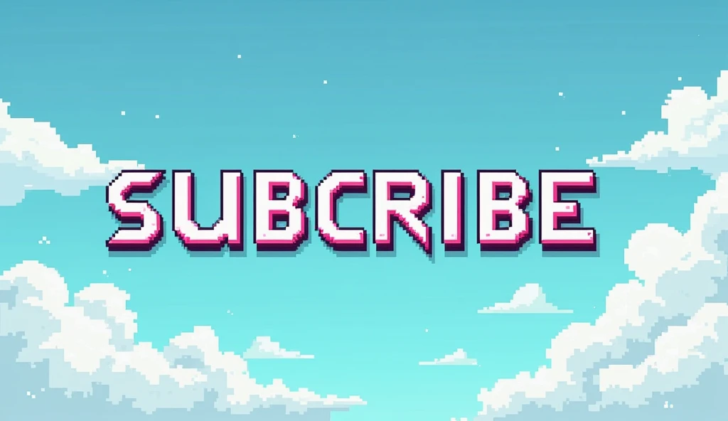 Pixel art writing mid size SUBSCRIBE with stylish robotic font and with a sky background with clouds