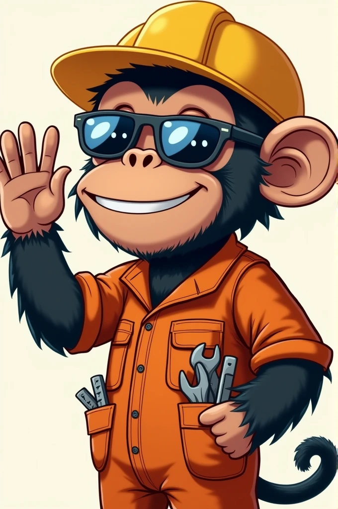 Chimpanzee wearing mechanic suit, may be a boiler suit, sunglass in eyes one hand waving at us,
the other hand is holding a tool.
Some tools are peeking out of his pockets.
His name is Gribo the Chimp.
A cartoon image