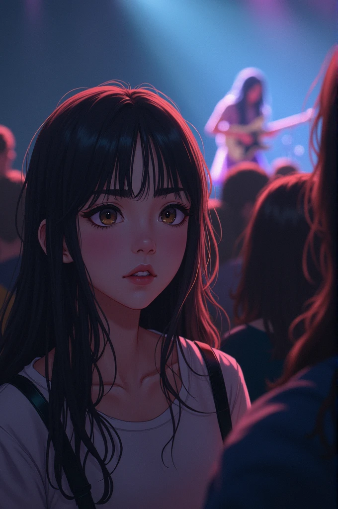 A girl in the crowd stares mesmerizingly at the girl who plays the bass on the stage. Its like everything becomes blurry as she only has eyes on the girl, she feels like its just the two of them there