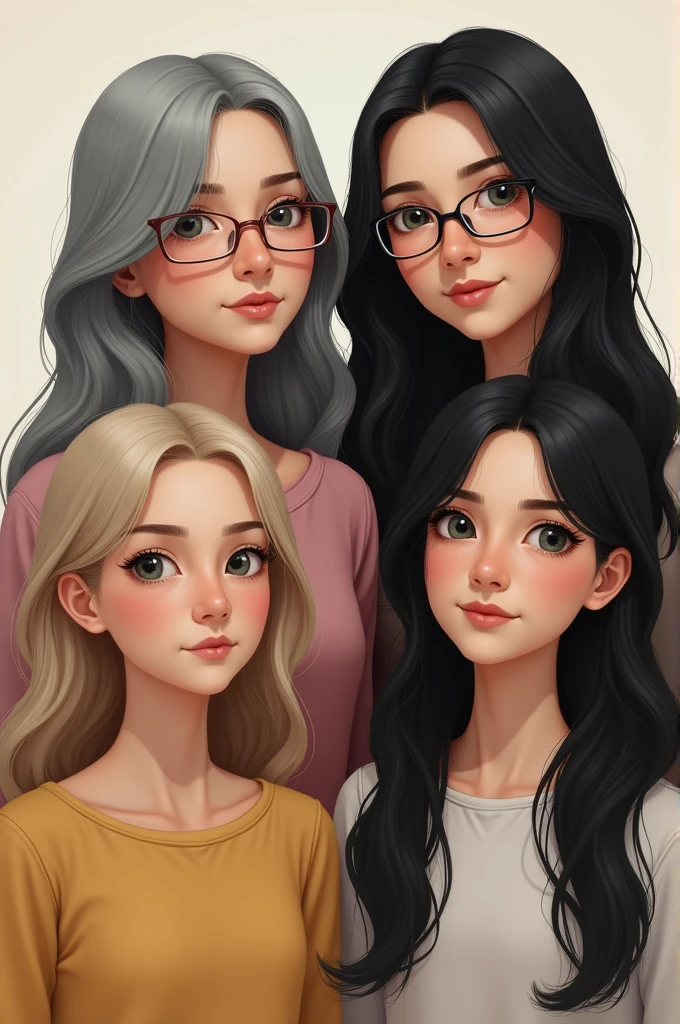 Five sisters, 2 white women with long gray black hair and glasses, 1 white with long black hair and glasses, 1 blonde with slightly short hair and a brunette with long black hair
