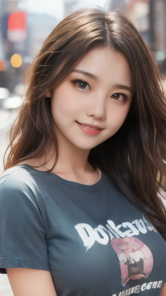 8k,Highest quality,(masterpiece:1.2),(Realistic),(Realistic:1.37),Ultra-high resolution,1 female college student,Long Wavy Hair,smile,Beautiful Eyes,Beautiful teeth alignment, In town,(((T-Shirts))),Big Breasts,Perfect body,Perfect Fingers,Professional Lighting,gravure,Detailed face and skin texture,fine grain,RAW Photos