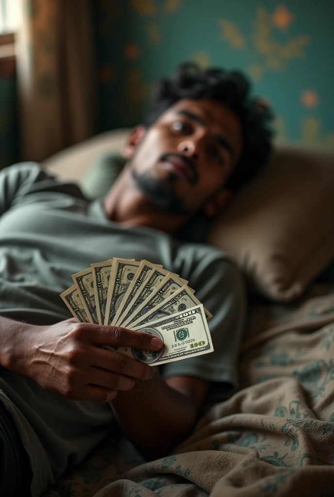Dollar money in hand humanbody on bed in Bangladesh