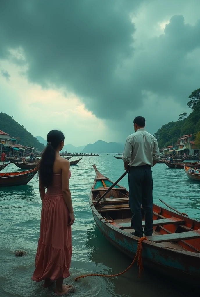 a photo,Shot with Canon EOS camera,Asian,Fishing boats,The old captain is driving the boat in the cockpit,Beautiful woman looking at the scenery,Storm at sea,Clouds