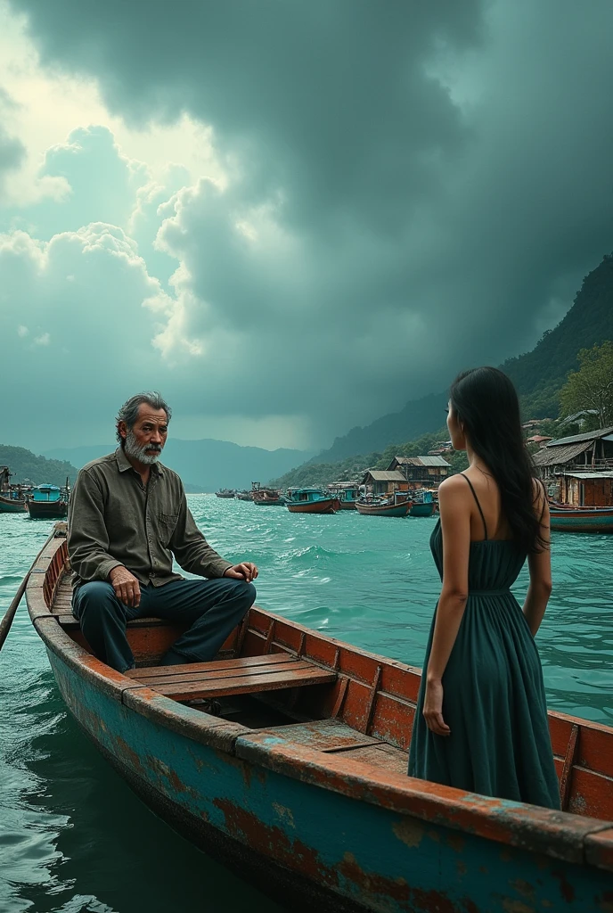 a photo，Shot with Canon EOS camera，Asian，Fishing boats，The old captain is driving the boat in the cockpit，Beautiful woman looking at the scenery，Storm at sea，Clouds