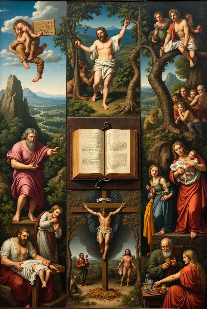 The puzzle-shaped painting has the Bible open in the center. to the left, a man throws a stone at a giant's head. from beside, an elderly man holds tablets with inscriptions on a mountain surrounded by clouds. High above, a man and a woman are in a lush garden with a snake in the tree. On the right, a newborn baby lies in a manger with his parents around. Next, a man turns water into wine at a banquet. Finally, a man is nailed to a cross, showing so