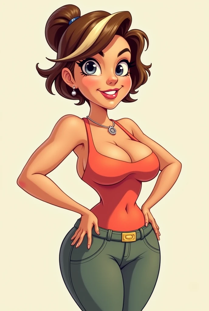 Create a cartoon image that looks like me.
light brunette, brown hair with a streak, thin blonde on each side, shorth hair, big chest, big hips and butt and thin and skinny waist