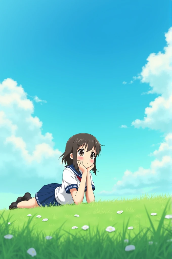 Anime girl in school uniform lying on her stomach on the grass