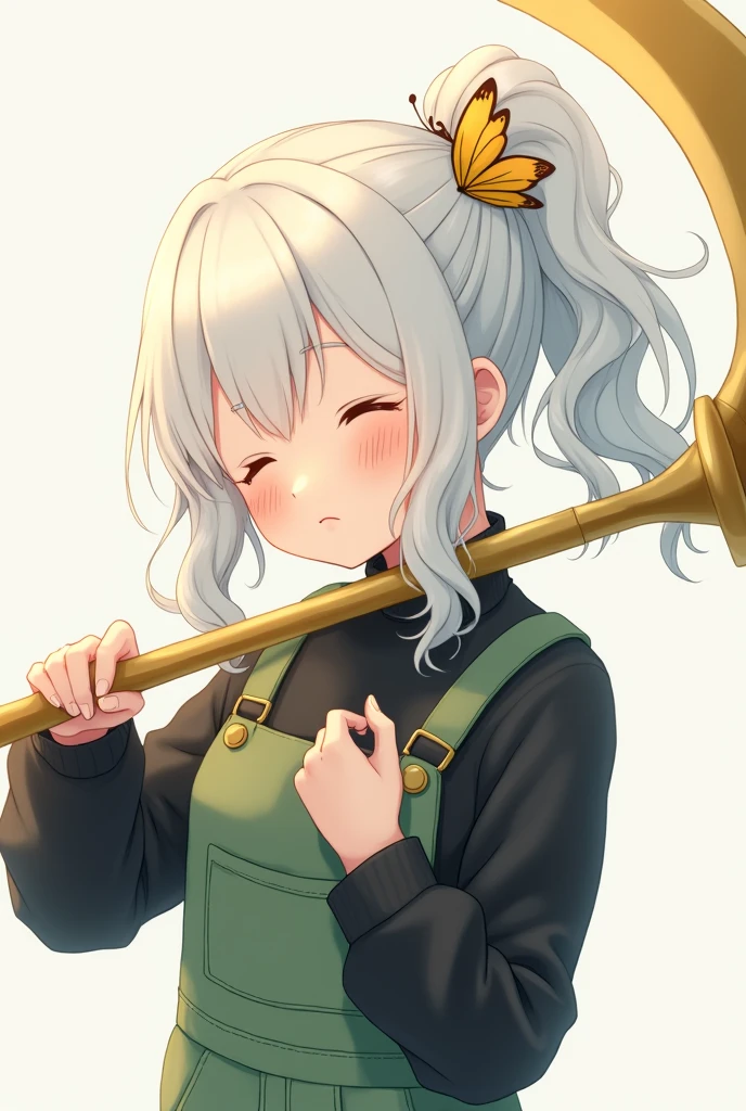 Generate anime art of white skin and white haired anime girl with soft CLOSED eyes. She has freckes. 
Her wavy hair tied in a high ponytail with a golden butterfly attached to it.
The girl is a black sweater with GREEN overalls.
The girl fighting with golden scythe 