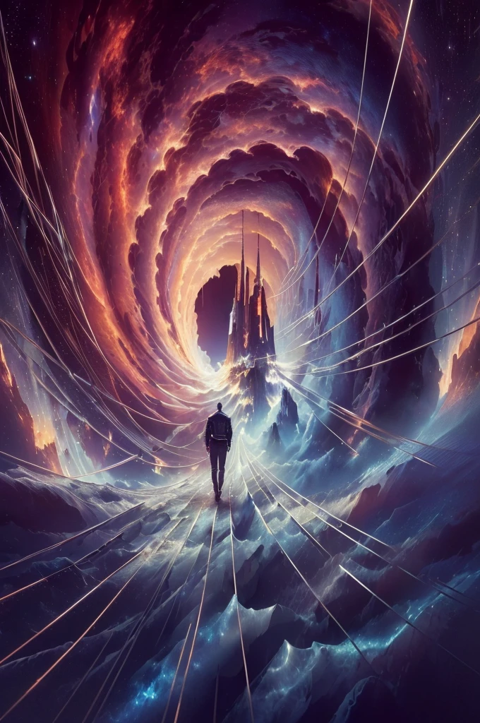View Of a man's Back, glint, atmospheric perspective, from behind, Surrealism, Conceptual art, Romanticism, cinematic lighting, chromatic aberration, speed lines, diffraction spikes, projected inset, anatomically correct, anatomically correct, anatomically correct, masterpiece, super detail, high details, high quality, best quality, highres