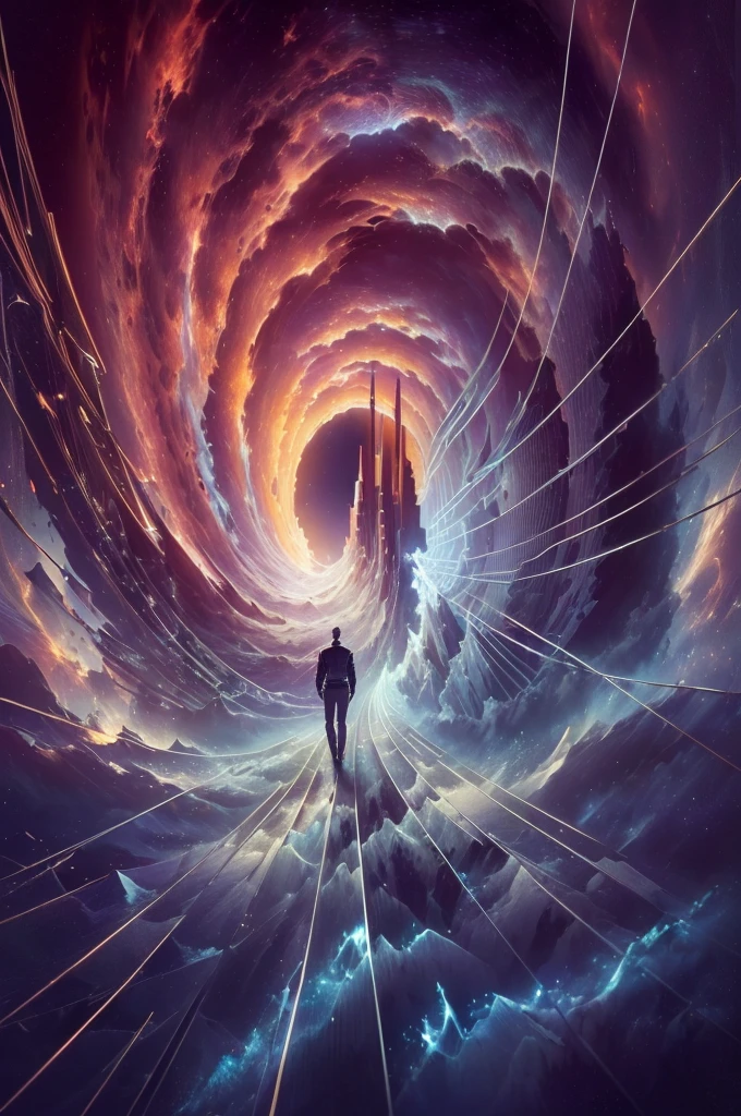 View Of a man's Back, glint, atmospheric perspective, from behind, Surrealism, Conceptual art, Romanticism, cinematic lighting, chromatic aberration, speed lines, diffraction spikes, projected inset, anatomically correct, anatomically correct, anatomically correct, masterpiece, super detail, high details, high quality, best quality, highres