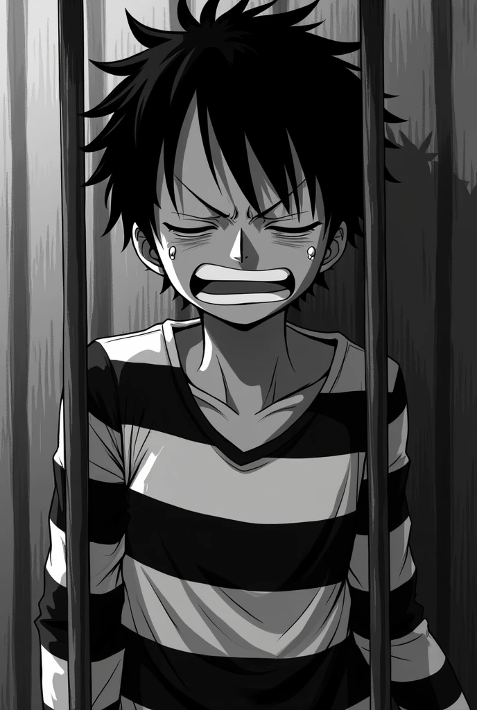 Monkey D. Luffy in a black and white striped long sleeve prison uniform with his eyes closed teary and crying inside a jail 