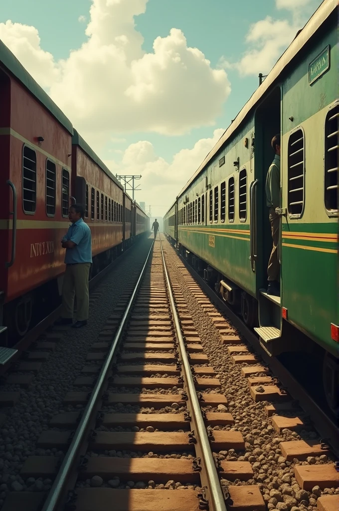 People of India and Pakistan have separated two trains where 1 train is going to Pakistan and the other train is standing there
