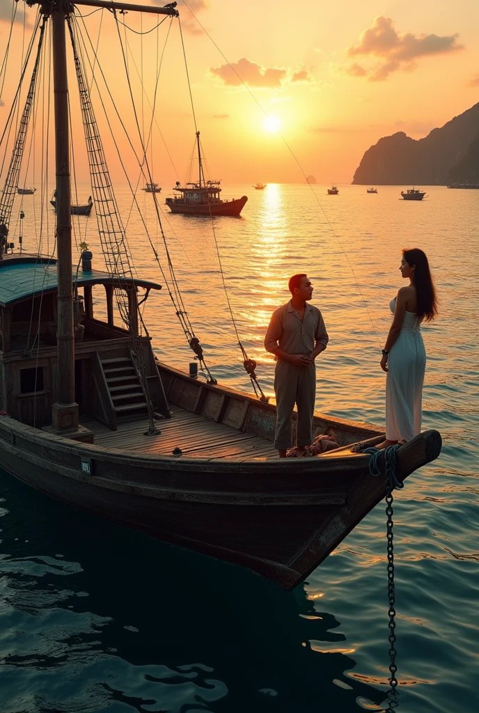 a photo，Shot with Canon EOS camera，Asian，fishing boat上，The old captain is driving the boat in the cockpit，Very big ship，fishing boat，Sunset，Beautiful woman looking at the scenery，Aerial Photography