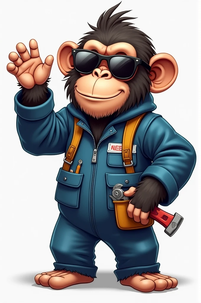 Chimpanzee wearing mechanic suit, may be a boiler suit, sunglass in eyes one hand waving at us, 
the other hand is holding a tool. 
Some tools are peeking out of his pockets. 
His name is Gribo the Chimp. 
A cartoon image