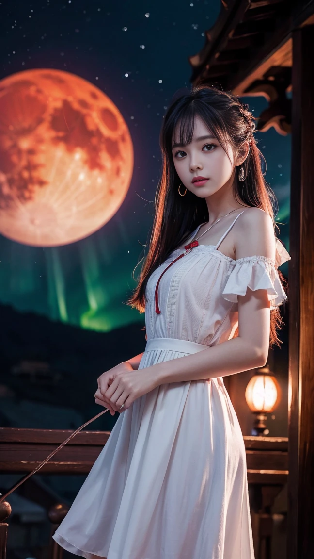 8k、high resolution、photograph、Aurora、Red Moon、Fantasy、