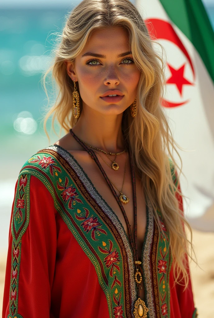  Most beautiful blonde lady, Kabyle robe, Berber, Amazigh, holding Algeria flag, Kabyle beauty, Bijou, Kabyle dress, attractive, HD, best, perfect body, Ouadda, Amazigh costume, beach background 
