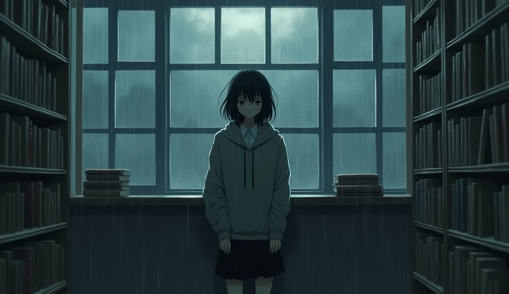 In the evening, the drops of rain spread out and covered the windows of the library. Regarding the librarian's room at the service desk, strange events occurred with the disappearance or replacement of the female librarian. Although she seemed to be the same person, her personality was completely different, with her dressing style of wearing a hoodie over a white collared shirt and a black skirt, and her hair was shoulder-length. Her hair and the hoodie covered her face, making it impossible to see her true face.