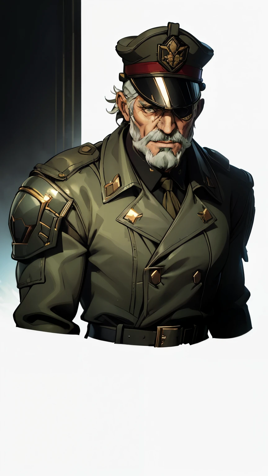 Futuristic style old male commissar, grey beard, scared face, with dark green long trench coat over an intricate military uniform, wearing eyepatch, large hat, trench coat, saber, curissaer armor, scars, ((upper body portrait)), taken from front, plain white background, standing