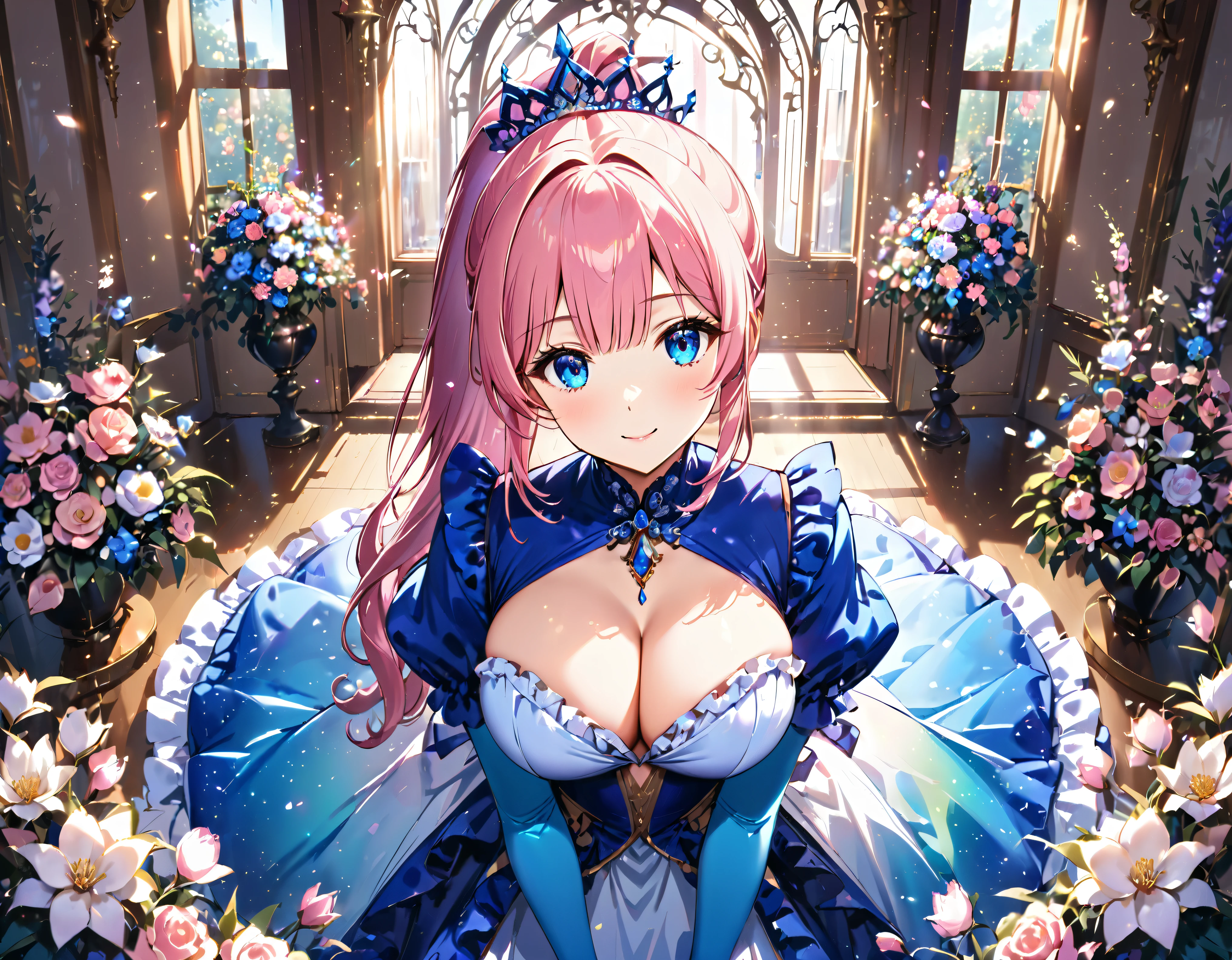 ((Extremely detailed depiction, Super detailed, Exquisite quality, Ultra-high resolution)), full body, ((Ultra-luxurious Rococo Victorian gown featuring a voluminous, huge, full-length hoop skirt and long hem, Princess style skirt))), ((Ultra-precise and uniquely complex structure, Multi-layered ruffle skirt)), (Peacock colored fabric), (Glorious reflection, prism, pure white), (((ソロの若いprincess))), Ultra-detailed and detailed face, Very cute face, Cute Smile, (((Pink Hair, ponytail))), Fluffy and smooth curly hair, Expressive hair, Super voluminous long hair, (Blunt bangs, princess_cut), Huge breasts, Cleavage, (Focus on the face:1.5), (((head tilt, looking viewer:1.7))), clear sky, Super detailedな肌, ((eyes blue eyes:1.5)), (((Perfect Anatomy))), Colorful flowers in full bloom, (((Surrounded by lots of flowers:1.6))), bouquet, Crystal Lantern, (Soft Light:1.3), (Shallow depth of field:1.5), Particle Effects, Caustics, reality, textile shading,