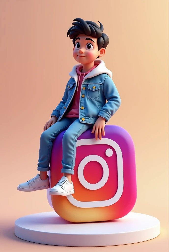 Create a 3D illustration of an animated character sitting casually on top of
a social media logo”Instagram”. The Character must wear casual modern
clothing such as jeans jacket and sneakers shoes. The background of the image
is a social media profile page with a user name “Rishith” And a profile
picture that match.