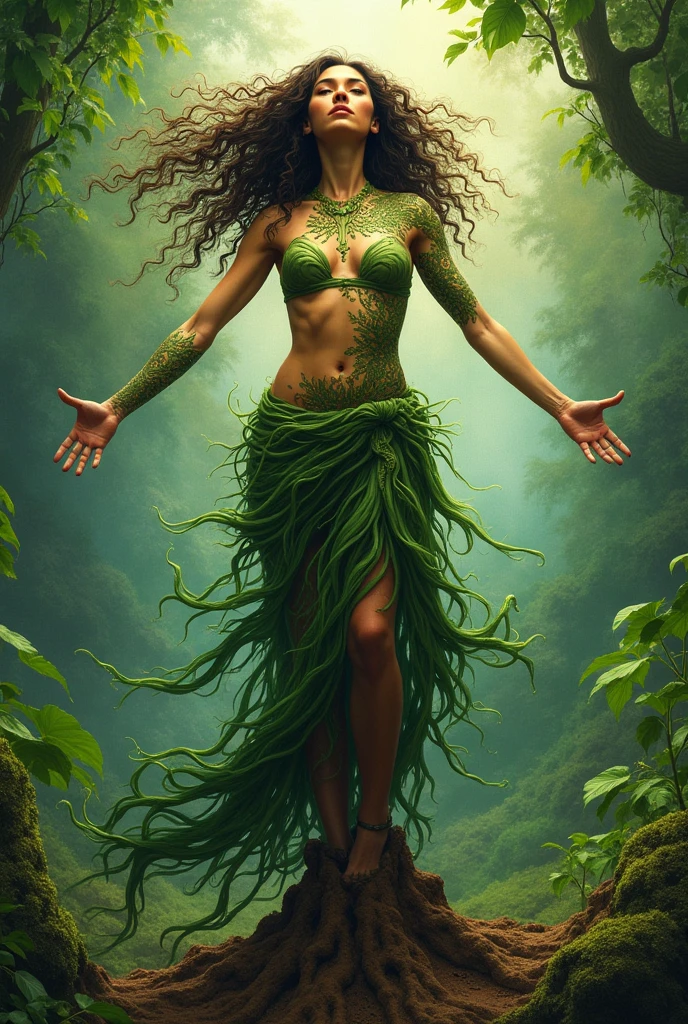 Woman with rooted feet rooted feet with curly hair with open arms