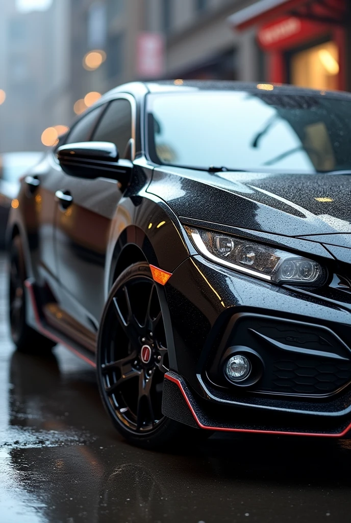 Honda Civic g10 sports black with black chrome wheels, in the rain with blurred images in the background High resolution