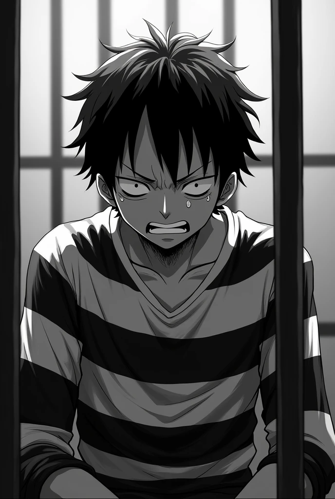 Monkey D. Luffy in a black and white striped long sleeve prison uniform with his eyes closed teary and crying inside a jail