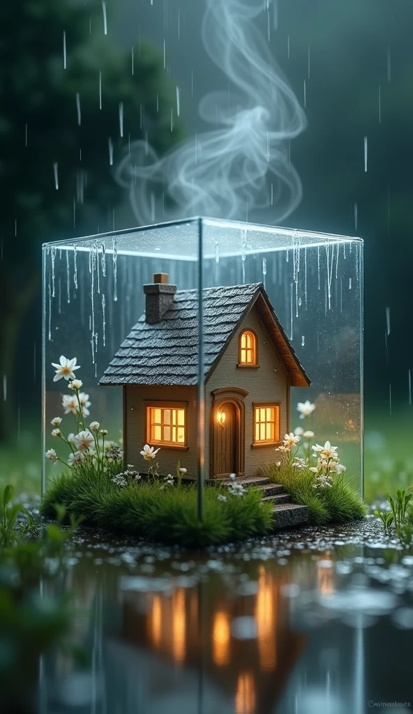 Create a detailed and atmospheric image of a small, cozy house inside a transparent glass cube. The scene should be a macro view, capturing the intricate details of the house, such as the texture of the walls, the shape of the roof, and the soft glow of light coming from the windows. Inside the cube, gentle spring rain should be falling, creating small ripples in the puddles on the ground and adding a fresh, rejuvenating ambiance. Surrounding the house, include lush green grass and blooming flowers, highlighting the spring season. The swirling white smoke should mix with the falling rain, creating a soft, ethereal atmosphere. The background should be dark, with subtle gradients of deep blues and greens, creating a dramatic contrast that highlights the peaceful, rainy scene inside the cube. Incorporate subtle light effects, like soft, diffused lighting and gentle highlights on the glass, to emphasize the beauty and tranquility of the rain-soaked house within the mysterious glass cube.