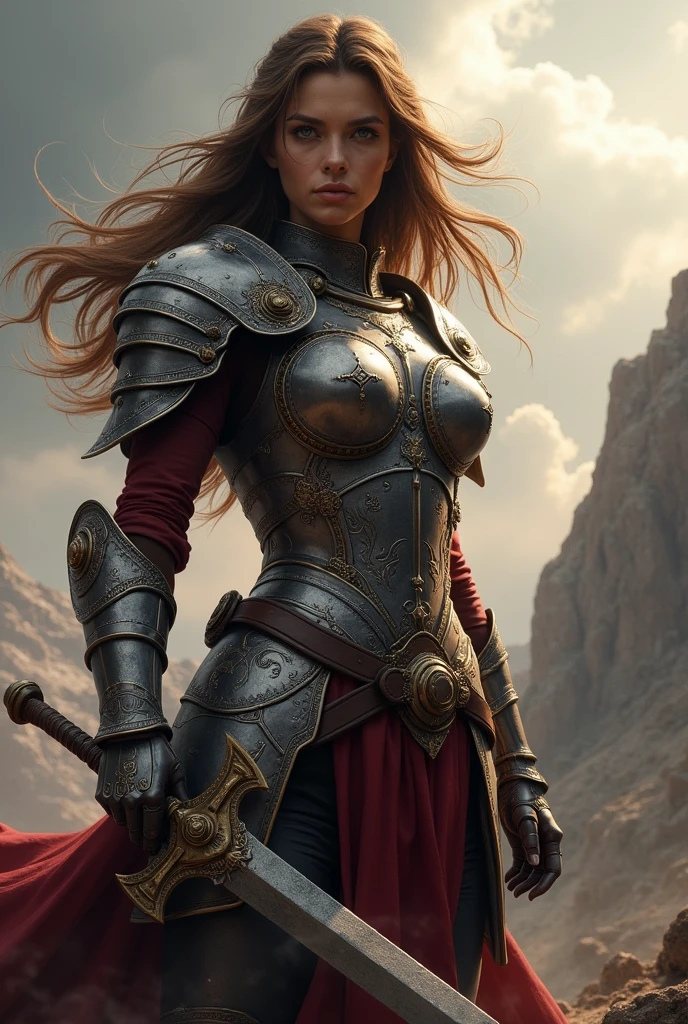 Female person, big brown hair, in battle position