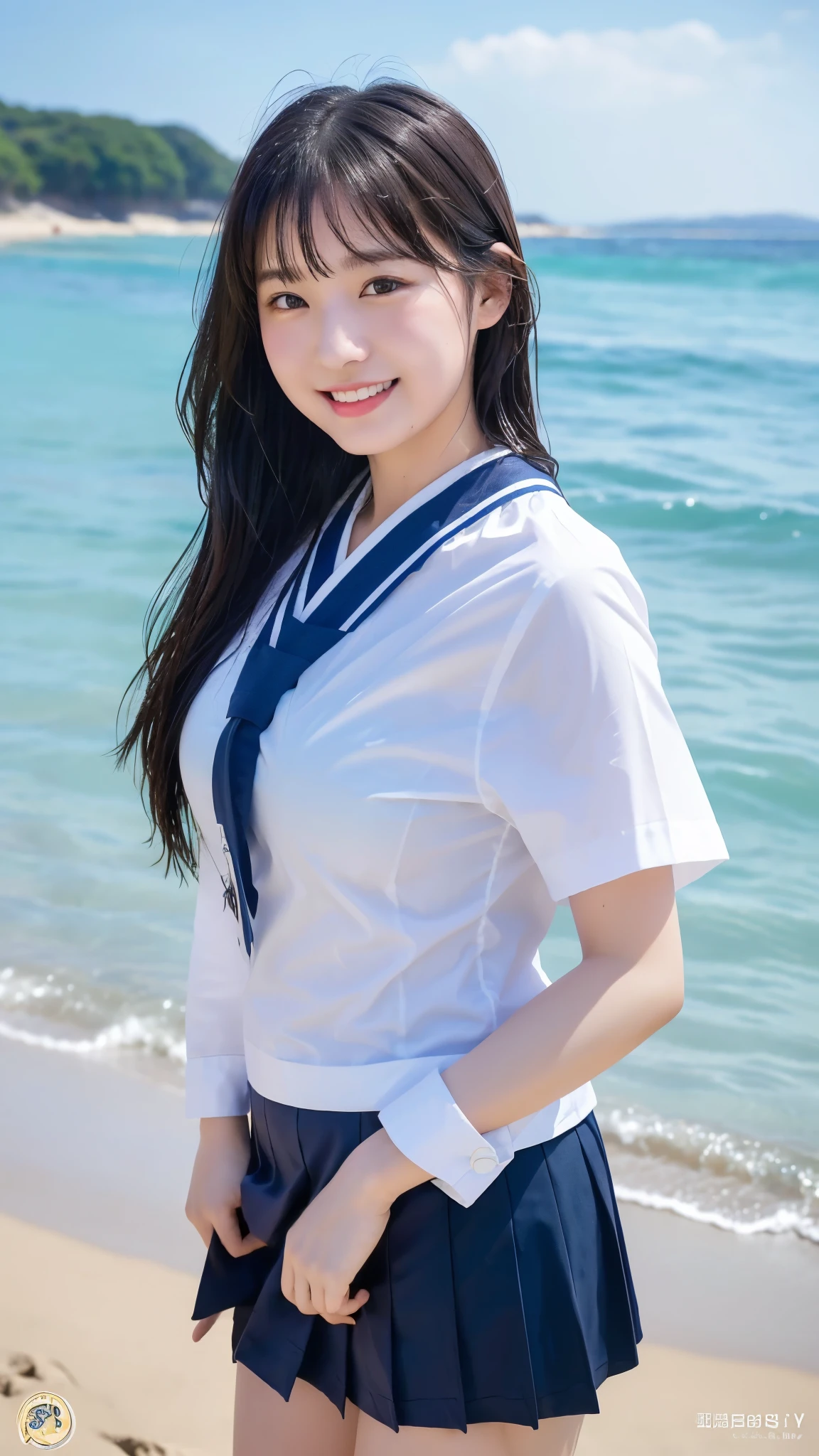 RAW Photos, (8k), (Highest quality:1.2), (Genuine), (Genuine:1.37), Ultra-high resolution, High school girl selfie, (One Woman, half Korean and half Ukrainian, 80% Korean, she is standing on the beach. RAW Photos, 8k, Highest quality, Ultra-high resolution, Beautiful facial details, Genuine human skin, Gentle expression, front, Angle from below, Hair length, Genuine, cute, Short skirt, Ocean, cute high school girl, she is a little wet with Ocean water in Japanese uniform, kimono, surGenuine high school girl, Lesbians around the world, Big Breasts, Upper Body, Face close-up, Big smile