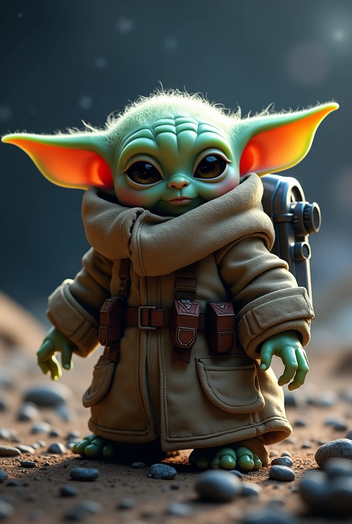 ((best quality)), ((masterpiece)), ((realistic)), 1 baby Yoda as a space marine, ((wearing a warhammer space marine outfit)), warhammer ,large,eyes, high-resolutio, background is in outer space