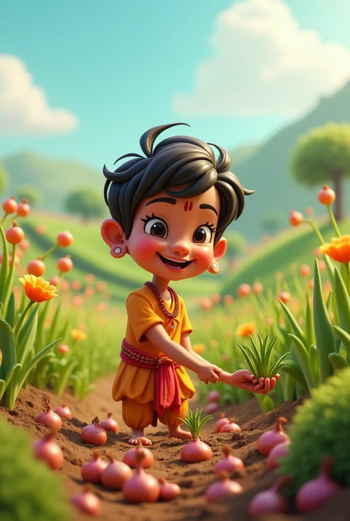 Puri Indian planting onion in 3d cartoon