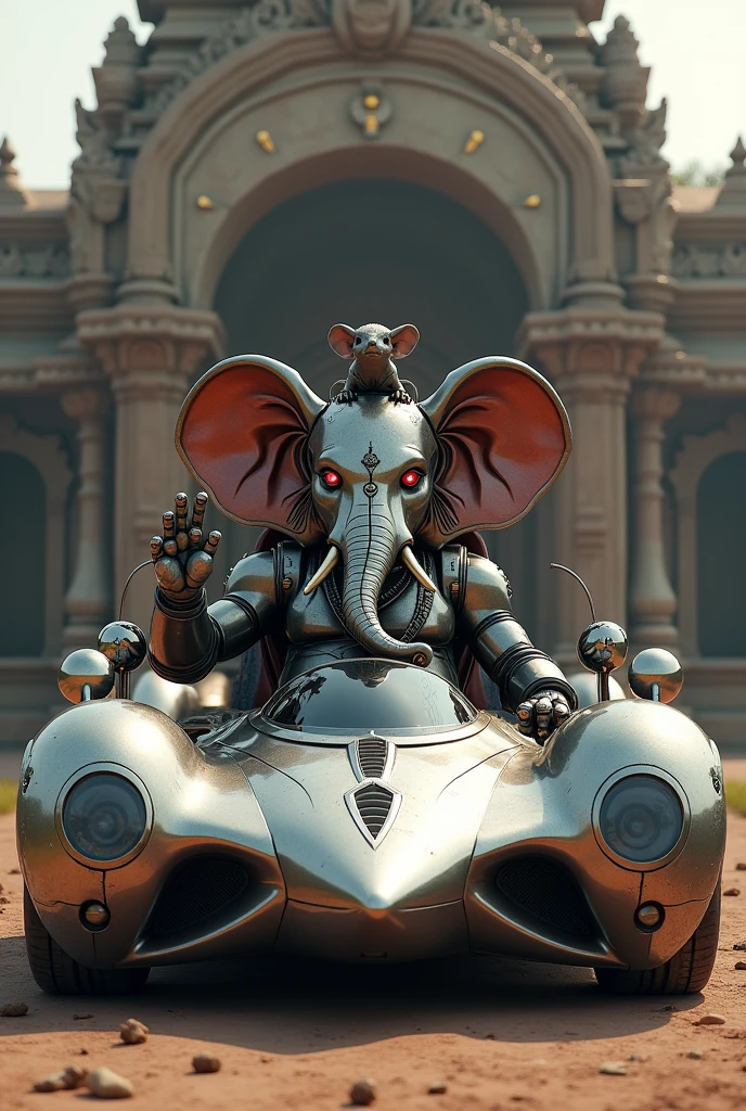 Lord Ganesha with a mouse monster look in indian traditional look robot body seat a monster super car in mouse look all in robot body in front of temple iron and hula body