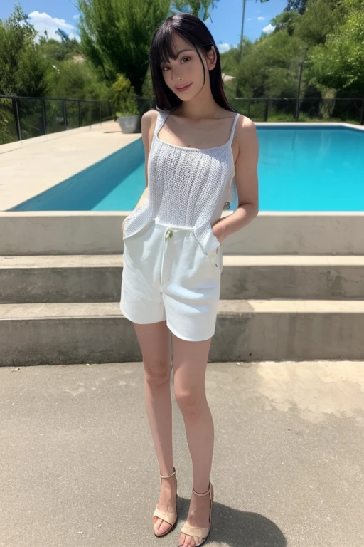 One girl, Beautiful woman, Knitted tank top,White and blue stripes々Panties, skinny, Perfect body, Golden Hair, Standing in the pool room during the day, Highly detailed face, Beautiful Eyes, Beautiful Lips, double eyelid, A shy smile, Shorn bangs, Sunburned skin, Pubic Hair Tips, (Highest quality, 8k, masterpiece:1.3), front and full body shot, Pussy Line, Positive, Open legs pubic hair