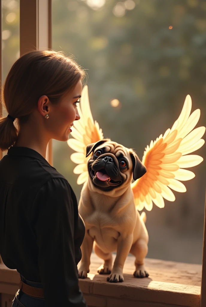 A pug dog with angel wings Happy, looked at an adult woman in a black blouse