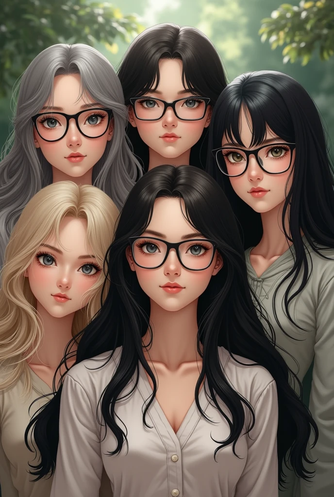 5 sisters, 2 white women with long gray black hair and glasses, 1 white with long black hair and glasses, 1 blonde with slightly short hair and 1 brunette with long black hair