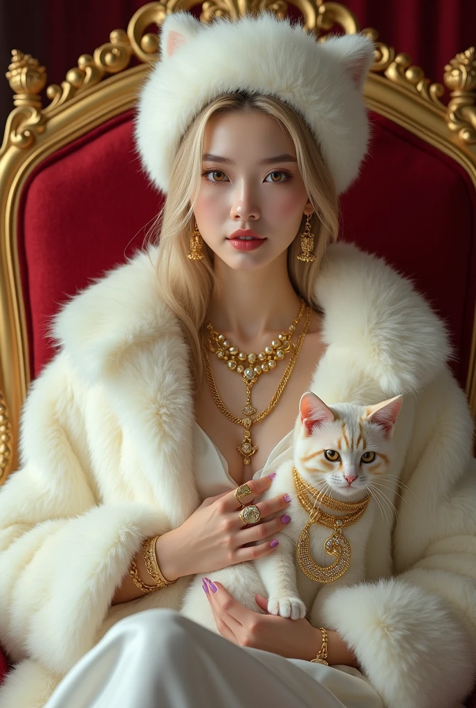 HD, high quality, sexy cute woman, asian, young, korean student,10years old, super young and rich, face of young kid, realistic, real,8k, clean, teenager woman with blonde gorgeouslong hair,little curved hair, pale skin, her face is also very beautiful and looks mature. sexy, She has a fit body. wearing huge white fur coat, real fur, fur HD, fluffy fur, big mink fur hat, fur coat covering all the body, wearing big fur hat, sitting on golden throne on the fur mug, red velvet throne, 6 gold necklaces, princess handsome, petting cat, cat has gold necklace, cat with gold, gorgeous face, she has slim body,wearing huge white fur coat, many jewelry, alots of gold jewelry, every finger has golden rings, 10 golden huge giant rings, her sexy leg , she wearing fur slippers, holding a whip, super huge titties, big hips,