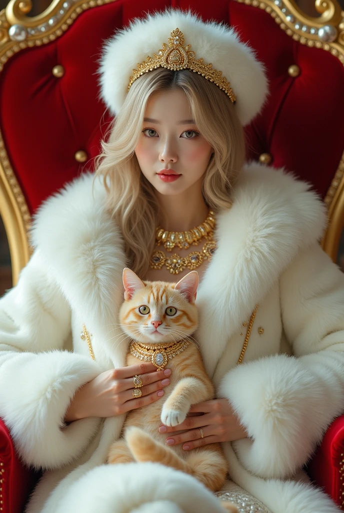 HD, high quality, sexy cute woman, asian, young, korean student,10years old, super young and rich, face of young kid, realistic, real,8k, clean, teenager woman with blonde gorgeouslong hair,little curved hair, pale skin, her face is also very beautiful and looks mature. sexy, She has a fit body. wearing huge white fur coat, real fur, fur HD, fluffy fur, big mink fur hat, fur coat covering all the body, wearing big fur hat, sitting on golden throne on the fur mug, red velvet throne, 6 gold necklaces, princess handsome, petting cat, cat has gold necklace, cat with gold, gorgeous face, she has slim body,wearing huge white fur coat, many jewelry, alots of gold jewelry, every finger has golden rings, 10 golden huge giant rings, her sexy leg , she wearing fur slippers, holding a whip, super huge titties, big hips,