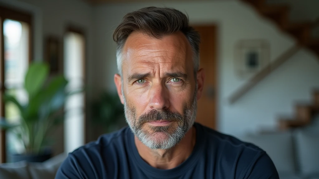An ultra-realistic portrait of a man in his 40s. He has brown hair with a few white strands, a neatly trimmed beard and green eyes that reflect determination and apprehension. His face is well defined and his expression suggests tension and vigilance. The portrait should be from the waist up. He is wearing a dark blue casual shirt.
The man is standing in a living room as if facing the door. The background shows the interior of the house with furniture, potted plants, a hallway, stairs, but blurred so as not to distract from the main subject.
The lighting should be soft and natural, with morning light coming in from outside, creating subtle shadows that accentuate the man's tense expression. The light should highlight the green eyes and the texture of the skin, emphasizing the seriousness of the situation.
The image should convey a sense of tension and determination, with a touch of urgency. Suggest a neutral color palette, such as greys and blues, that complements the atmosphere of the morning.
The photo should be of high quality, with 8k rendering and extreme detail, capturing the emotional essence of the moment.