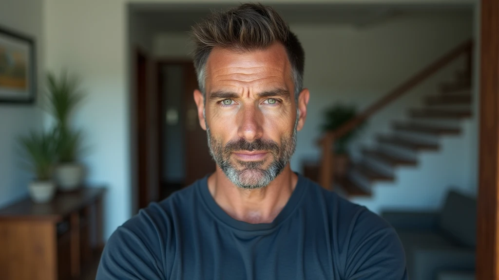 An ultra-realistic portrait of a man in his 40s. He has brown hair with a few white strands, a neatly trimmed beard and green eyes that reflect determination and apprehension. His face is well defined and his expression suggests tension and vigilance. The portrait should be from the waist up. He is wearing a dark blue casual shirt.

The man is standing in a living room as if facing the door. The background shows the interior of the house with furniture, potted plants, a hallway, stairs, but blurred so as not to distract from the main subject.

The lighting should be soft and natural, with morning light coming in from outside, creating subtle shadows that accentuate the man's tense expression. The light should highlight the green eyes and the texture of the skin, emphasizing the seriousness of the situation.

The image should convey a sense of tension and determination, with a touch of urgency. Suggest a neutral color palette, such as greys and blues, that complements the atmosphere of the morning.

The photo should be of high quality, with 8k rendering and extreme detail, capturing the emotional essence of the moment.
