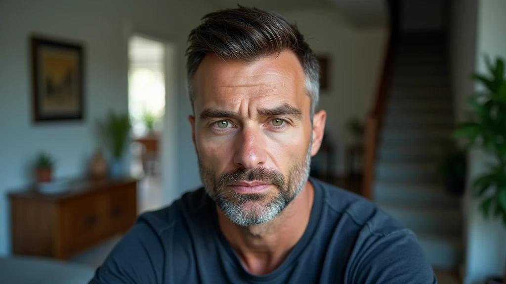 An ultra-realistic portrait of a man in his 40s. He has brown hair with a few white strands, a neatly trimmed beard and green eyes that reflect determination and apprehension. His face is well defined and his expression suggests tension and vigilance. The portrait should be from the waist up. He is wearing a dark blue casual shirt.

The man is standing in a living room as if facing the door. The background shows the interior of the house with furniture, potted plants, a hallway, stairs, but blurred so as not to distract from the main subject.

The lighting should be soft and natural, with morning light coming in from outside, creating subtle shadows that accentuate the man's tense expression. The light should highlight the green eyes and the texture of the skin, emphasizing the seriousness of the situation.

The image should convey a sense of tension and determination, with a touch of urgency. Suggest a neutral color palette, such as greys and blues, that complements the atmosphere of the morning.

The photo should be of high quality, with 8k rendering and extreme detail, capturing the emotional essence of the moment.