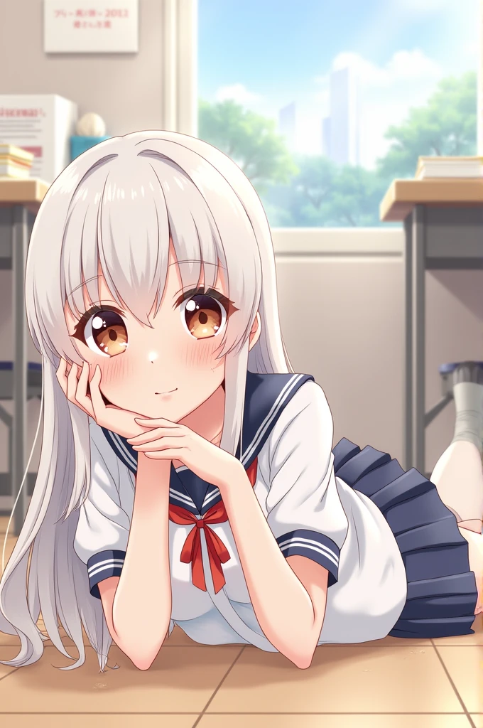 Anime girl in school uniform lying on her stomach on floor