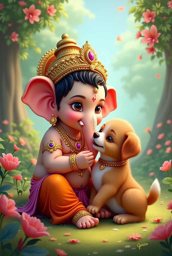 Digital art of kid lord ganesha playing with puppy