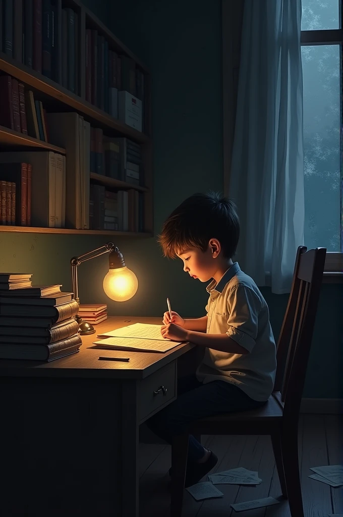 Create an image in which a boy study alone in the room with night bulb light