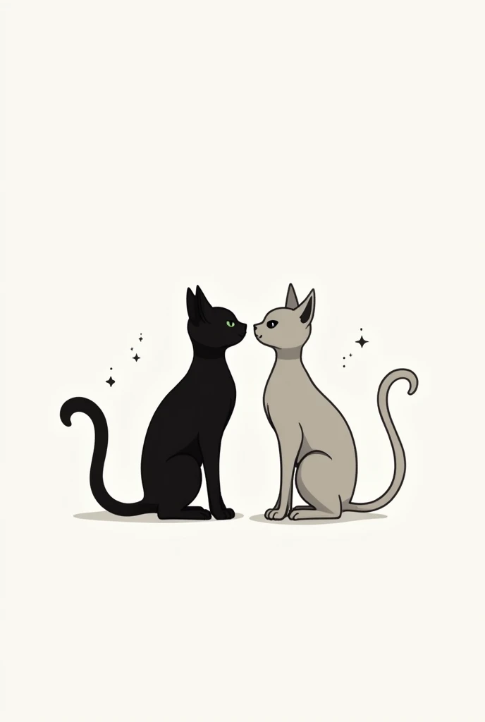 Simple tattoo of two cats of the same size, in black and white far apart from each other with an anime fantasy look