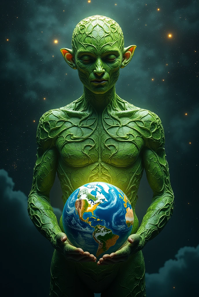 Images of a person made of plant leaves holding the planet in the galaxy