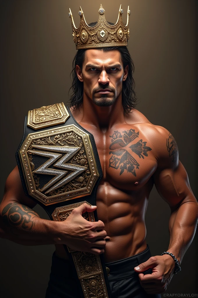 Make Randy Orton holding a WWE World heavyweight championship with a king crown on his head