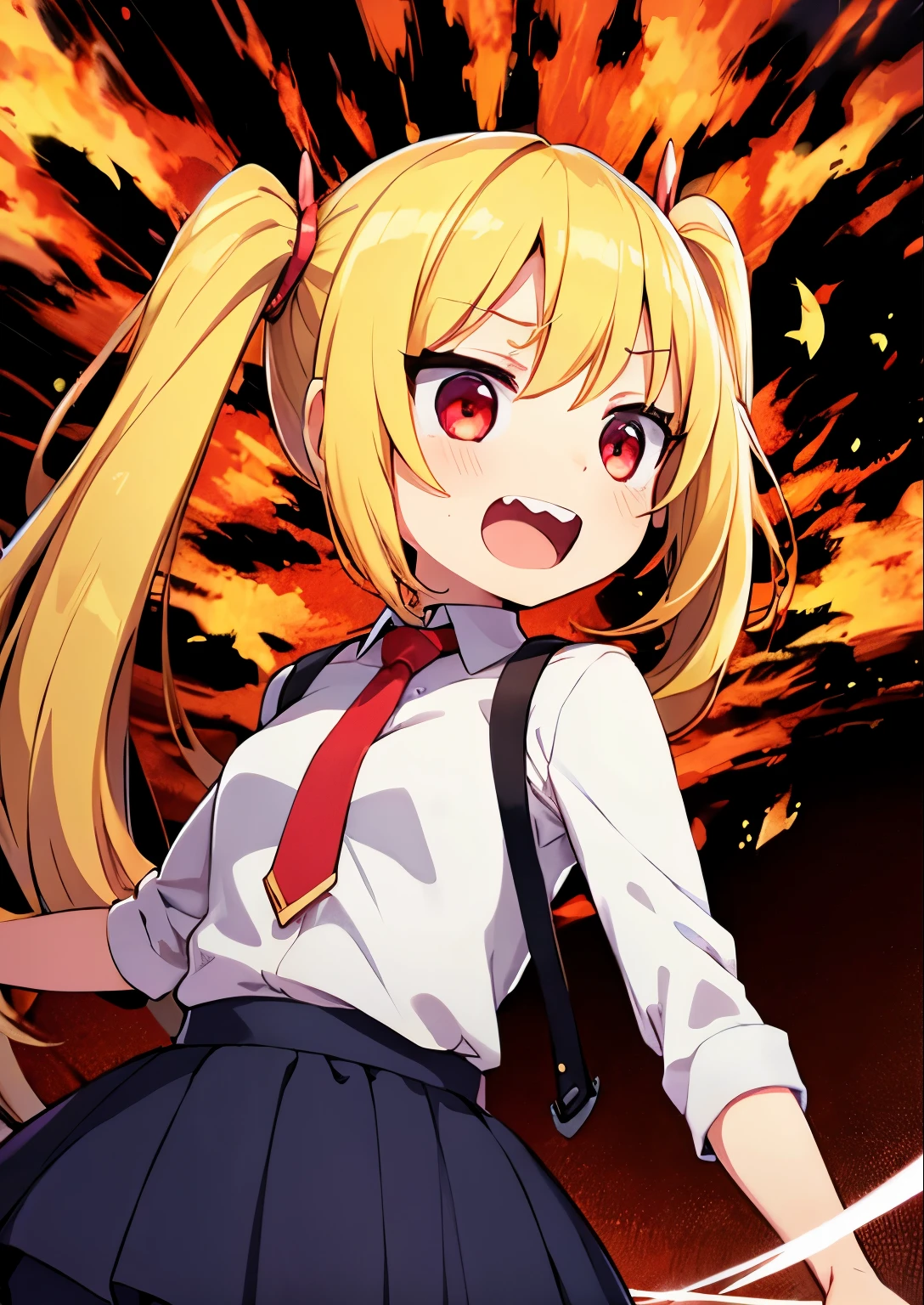 One girl, idol-like anime character, blond twin-tail hair, big mouth, burning eyes, strong eyes, screaming, looking up, barking alone, screaming but cute face, girlish fashion, bright expression, blond twin-tail hair, fall clothes, pants, focus on face, front view, red eyes Description: two hands, five fingers, no shadow on background, high resolution