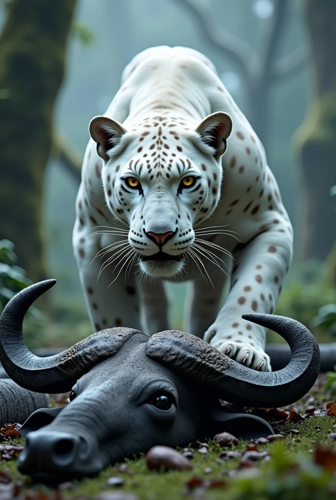 create 12k hd ultra-realstic white jaguar  with death Cape buffalo Die under the front footsteps of white jaguar in frosty jungle image will be very very realistic 