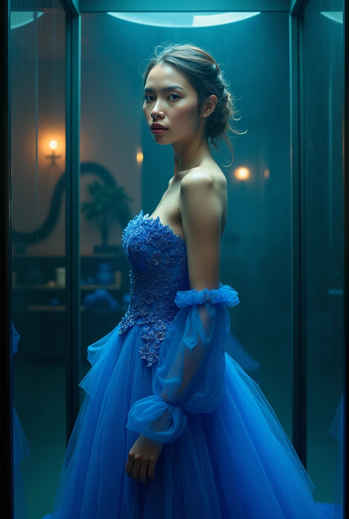A woman in a blue dress, sitting in a glass case, beautiful detailed eyes, beautiful detailed lips, intricate details, photorealistic, 8k, ultra-detailed, highly realistic, dramatic lighting, moody color palette, cinematic, atmospheric, surreal, elegant, glass enclosure, museum display, high-end fashion, dramatic pose